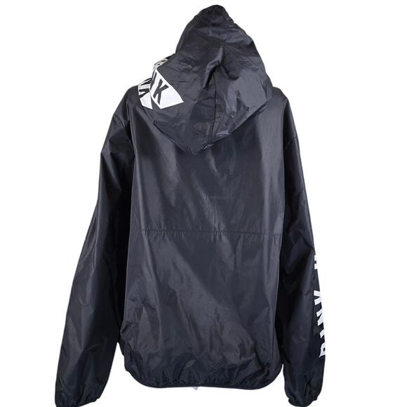 Victoria Secret Pink Black Large Logo Pockets Hooded Rain Packable Jacket M - Picture 2 of 5
